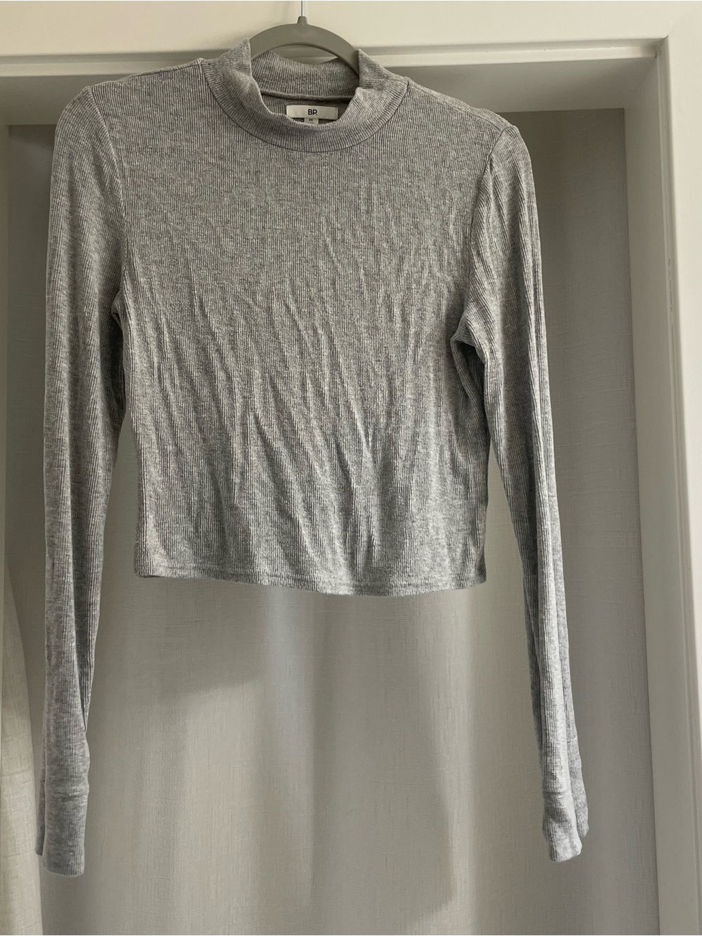 bp Light Gray Ribbed Crop Mock Neck Long Sleeve Top